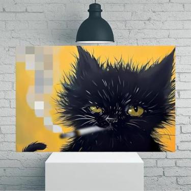 Imagem de Arte de parede em tela rústica vintage preta fumando cigarro com fundo amarelo - Pôster sem moldura de 30 x 45 cm - Ideia de presente para decoração de casa e escritório para sala de estar, quarto