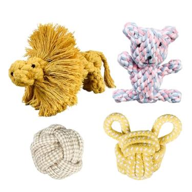 Imagem de wanhaoshangmao Pacote com 4 brinquedos de corda de algodão para cães pequenos e grandes, leão e urso em forma de animal, brinquedos interativos de cabo de guerra para limpeza de dentes
