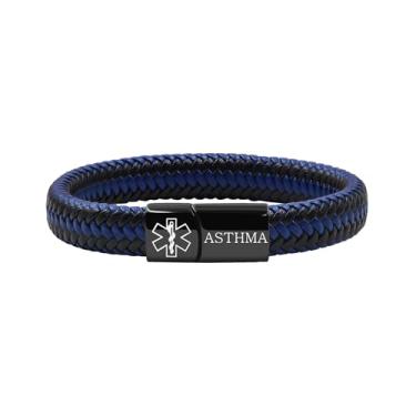 Imagem de Oneress Pulseira de alerta médico para homens e mulheres, pulseira preta com fecho de aço inoxidável para identificação de emergência, pulseira de couro PU com informações de saúde YA5551, ID Bracelet
