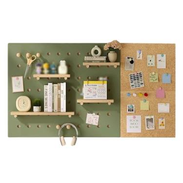 Imagem de Suporte de exibição de madeira maciça montado na parede com placa de cortiça, prateleiras organizadoras de armazenamento de 86 cm para quarto, escritório, cozinha – solução elegante de decoração de