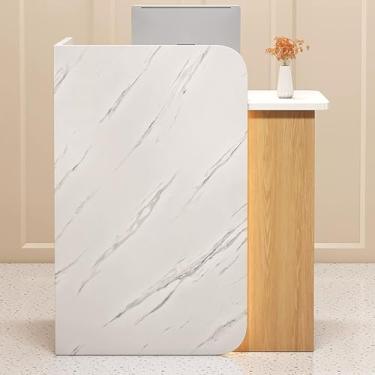 Imagem de Mesa de recepção moderna com gaveta trancável e faixa de luz LED, balcão de recepção pequeno para salão de escritório, balcão de recepção branco, 80 x 45 x 100 cm