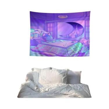 Imagem de Tapeçaria De Parede Estilo Vaporwave Anos 80 Com Desenho De Gato, Deco