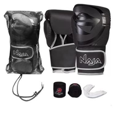 Imagem de Kit luva de Boxe Muay Thai Naja Black + Bandagem + Protetor Bucal - Preto - 14-Unissex