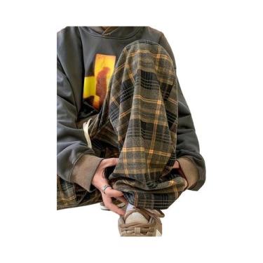 Imagem de Calças Casuais Masculinas Retrô Xadrez De Perna Larga, Estilo Coreano 