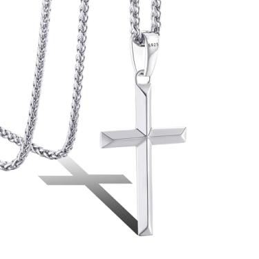 Imagem de LOFITOR Colar de cruz de prata esterlina 925 para homens e mulheres com corrente de trigo forte durável de aço inoxidável de 3 mm banhado a ouro branco 18 K borda chanfrada colar pingente crucifixo joias presentes 45-66 centímetros, 22 In=56 Cm, Prata esterlina, Sem Pedra Preciosa