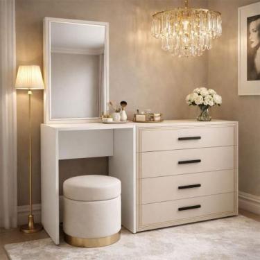 Imagem de Cômoda Valência 4 Gavetas com Espelho Creme/Branco - Politorno, Bege C