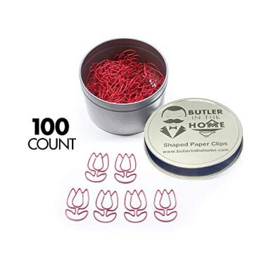 Imagem de Clipes de papel Butler in the Home em formato de flor tulipa ótimos para colecionadores de clipe de papel ou presente de escritório – vem em lata redonda com tampa e caixa de presente, 100 Count Red