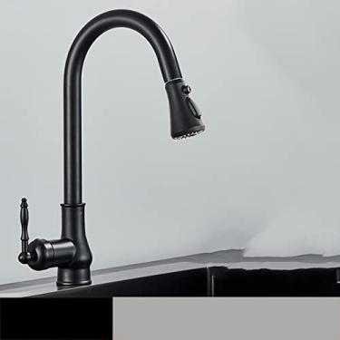 Imagem de Torneira de cozinha de bronze antigo pull out pia de cozinha torneiras de água misturador de alça única 360 rotação guindastes montados no convés, preto fosco A, China