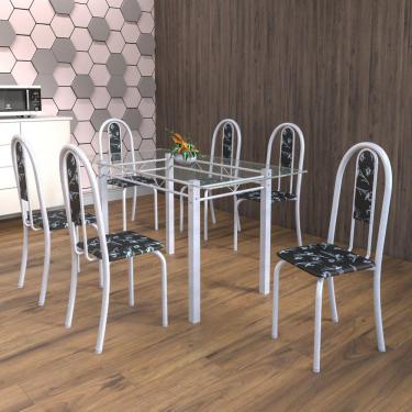 Imagem de Conjunto de Mesa Tubular 6 Cadeiras 140cm com Tampo de Vidro Iris Soma Móveis Preto Floral/Pérola