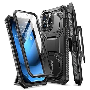 Imagem de i-Blason Capa Armorbox para iPhone 14 Pro Max com suporte [protetor de tela embutido] [proteção de nível militar] Capa protetora robusta de corpo inteiro com suporte e clipe de cinto (preta)