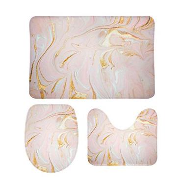 Imagem de Conjunto de 3 peças de tapetes de banheiro My Daily com arte de mármore dourado rosa, tapete de contorno com tampa de vaso sanitário antiderrapante