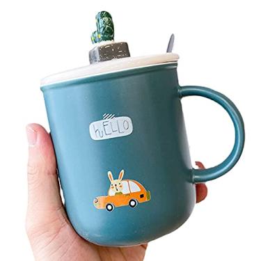 Imagem de seelucky Caneca de cacto verde com tampa de colher estilo nórdico xícara de café de cerâmica xícara de chá presente escritório casa (coelho cacto verde, 400 ml)