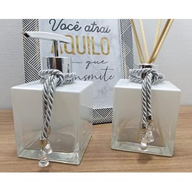 Imagem de Kit Lavabo Luxo Jogo Para Banheiro com Porta Sabonete Líquido Dispenser Para Sabonete Alcóol Gel -Saboneteira-Decoração Organização Banheiro-Branco e Prata-Naneh Decor