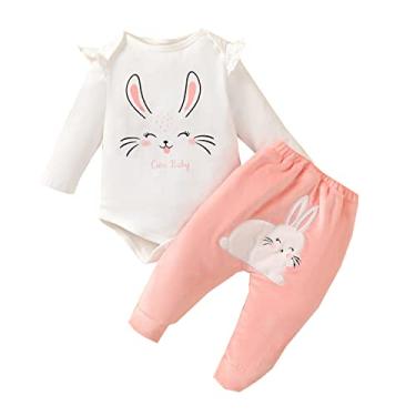 Imagem de Qvkarw Macaquinho infantil de manga comprida para meninas com estampa de coelho, 2 peças, roupa para meninas pequenas, Branco, 6-9 Meses