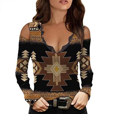 Imagem de Camisa feminina com estampa asteca, sexy, renda, decote em V profundo, ombro frio, manga comprida Camiseta Cair Estética Camiseta com de Étnica Tribal Geométrica Ocidental H24-Marrom X-Large