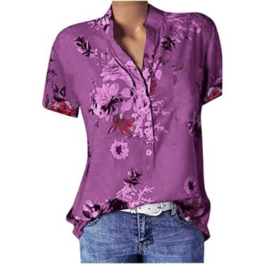 Imagem de Camiseta feminina verão manga curta botão gola V túnica blusa solta estampada camiseta gráfica com bolso Camiseta havaiano Pescoço Casual 2023 baixa curto Top flor floral K58-Roxo 5X-Large