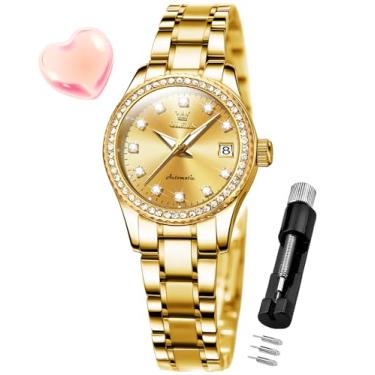 Imagem de OLEVS Relógio feminino automático de diamante fashion luxuoso mecânico de aço inoxidável relógios de pulso femininos luminosos à prova d'água, 7003 - ouro, relógios femininos
