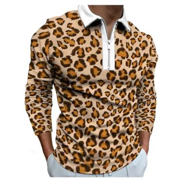 Imagem de Camisa polo masculina impressão digital 3D estampa leopardo camiseta de golfe cor combinando com zíper frontal, Amarelo, P