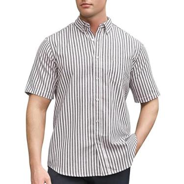 Imagem de Sedyrak Camisa de manga curta masculina de linho de algodão com ajuste regular casual com botão e bolso frontal, Listra preta e branca379, 3G