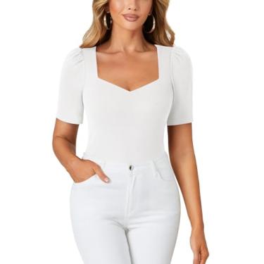 Imagem de LYANER Camiseta feminina com gola V quadrada manga curta manga curta malha elegante verão, Branco puro, P