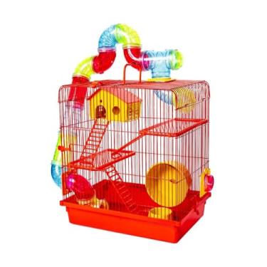Imagem de GAIOLA TUBO SUPER LUXO 3 ANDARES VERMELHA HAMSTER COMPLETA CASINHA RODA ESCADA SUPER LUXO