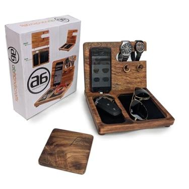 Imagem de Festive Deals - Estação de ancoragem de madeira ABHANDICRAFTS, carteira organizadora de mesa-de-cabeceira, suporte de relógio, porta-chaves, Dia dos Pais, Dia de Ação de Graças, presentes para papai,