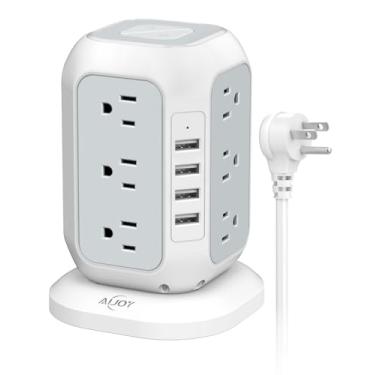 Imagem de Torre de filtro de linha com portas USB - Protetor contra sobretensão AiJoy com 12 tomadas CA e 4 portas USB, cabo de extensão de 3 metros, estação de carregamento USB com proteção contra sobrecarga