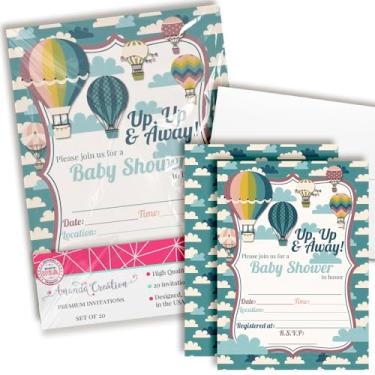 Imagem de Amanda Creation Convites de chá de bebê com balão de ar quente para meninos ou meninas, 20 5x7 convites de chá de bebê com 20 envelopes brancos Up & Away Cartões de chá de bebê
