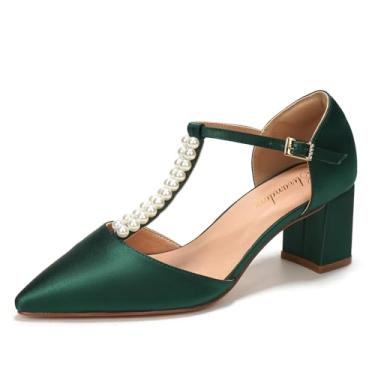 Imagem de Elivandon J1587 Sandália Feminina de Cetim Bico Fino Salto Médio 6cm Bloco Dupla Pérola Tira em T Noiva Festa Casamento Cor Verde Escuro,Tamanho BR 39/EU 41