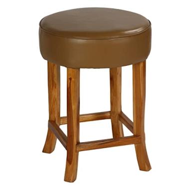 Imagem de Bare Decor Bancada redonda Pacha em couro genuíno caramelo claro grande assento e base de madeira teca sólida, 45 x 45 x 61 cm