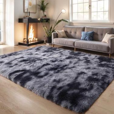 Imagem de KCHOWUA Tapetes grandes e fofos cinza escuro para sala de estar, 1,5 x 2,8 m, espesso, lavável, macio, felpudo, tapete felpudo para quarto de meninos, dormitório de estudantes, meninas, tie-dye preto