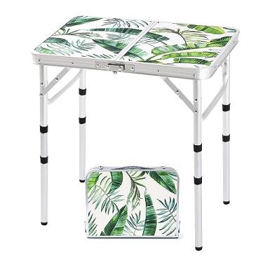 Imagem de Mesa de acampamento dobrável de 60 cm mesa pênica portátil de altura ajustável mesa de cartão pequena de alumínio dobrável leve com alça de transporte para acampamento interno ao ar livre churrasco praia (folhas de palmeira Monstera)