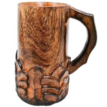 Imagem de Caneca de cerveja de madeira feita à mão com alça cor antiga design de corte floral Viking Renissance caneca fantasia caneca rústica feita à mão madeira cerveja padrinhos