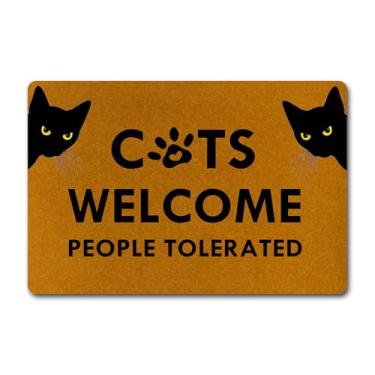 Imagem de MjiejieM Capachos engraçados gatos Welcome People Tolerated Tapete de boas-vindas para entrada de borracha traseira para porta da frente interior exterior tapetes fofos 60 cm (C) x 40 cm (L)