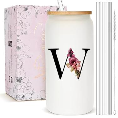 Imagem de Presentes personalizados para mulheres, copo de vidro fosco monograma com canudo e tampa, caneca personalizada fofa, copos de café gelado com inicial personalizada, copo de bebida personalizável,