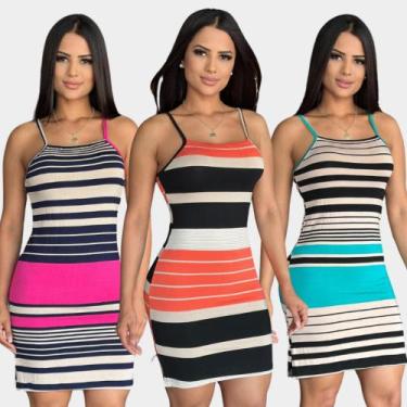 Imagem de Vestido Listras Curto na Alcinha Azul Ciano Tubinho com Fenda - Kambua