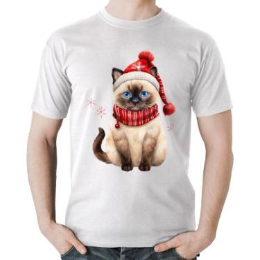 Imagem de Camiseta Algodão Gato Natalino Gorro e Cachecol - Foca na Moda, Branco