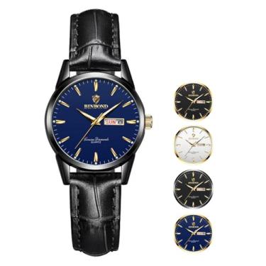 Imagem de BINBOND Relógio feminino de couro marrom elegante vestido de luxo feminino pequeno relógios de pulso para encontros diurnos à prova d'água luminoso, Mostrador azul de couro preto, relógios femininos