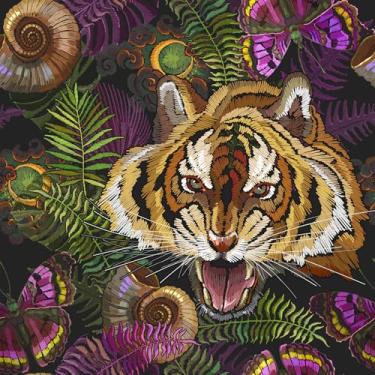 Imagem de VaryFloral Papel de parede vintage tigre floresta descasque e cole roxo borboleta verde folha de palmeira papel de parede floral antigo papel de parede tropical antigo papel decorativo de contato