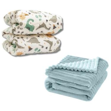 Imagem de Cobertor Kit 2pçs Bebê Wave Berço Azul e Edredom Dino - Neném Na Nuvem