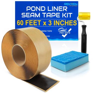 Imagem de Kit de fita de costura para forro de lago - 1,8 m x 7,6 cm - Fita butílica dupla face - Vedação ou reparo EPDM PVC HDPE LDPE RPE LLDPE - Perfeito para peixes pequenos ou grandes e lagoas de carpas