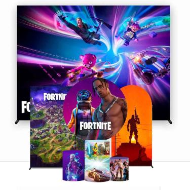 Imagem de Super Kit de Painéis de Festa Fortnite Painel Redondo 1,30 e Retangular Várias Medidas - Fera Print