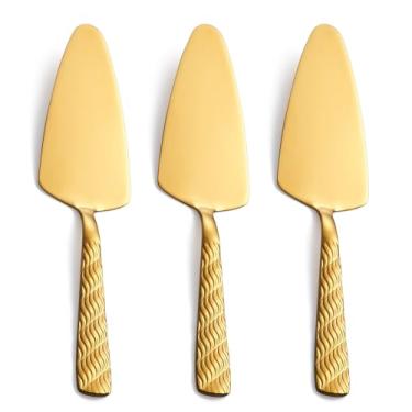 Imagem de FULLYWARE Gold Cake Server, espátula de aço inoxidável para servir torta de 23,9 cm, conjunto de 3 para servir pizza, pode ser lavada na lava-louças