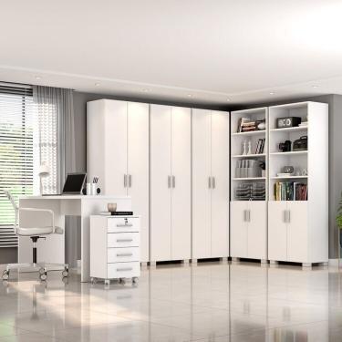 Imagem de Kit Para Escritório 7 Peças Com Escrivaninha Gávea, Gaveteiro 4 Gavetas E 5 Armários Espresso Móveis Branco