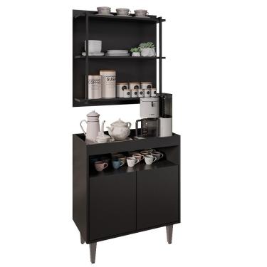 Imagem de Aparador Cantinho Do Café E Painel 3 Prateleiras Flora M24 Preto - Mpozenato