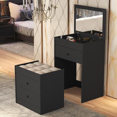 Imagem de Penteadeira Olivia 3 Gavetas Banqueta Embutida Com Rodizios Preto Preto