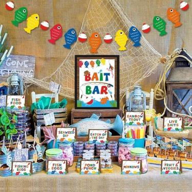 Imagem de Gone Fishing Bait Bar Bobber Dessert Food Buffet Decoration-Fishing Banner Food Labels The Big One Dessert Table Birthday Party Favor Ideas Supplies Set of 18