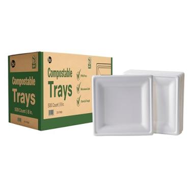 Imagem de FSE Bandejas quadradas 100% compostas, 20 cm, pratos descartáveis resistentes, saco ecológico cru, seguro para micro-ondas, (caixa com 500)