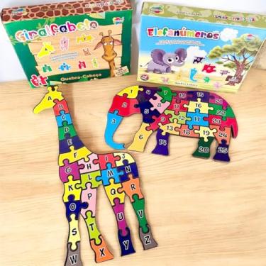 Imagem de Kit 2 Quebra-Cabeças Educativos em MDF, Giralfabeto e Elefanúmeros, Brinquedo Pedagógico com Alfabeto e Números, 40x16cm e 28x20cm