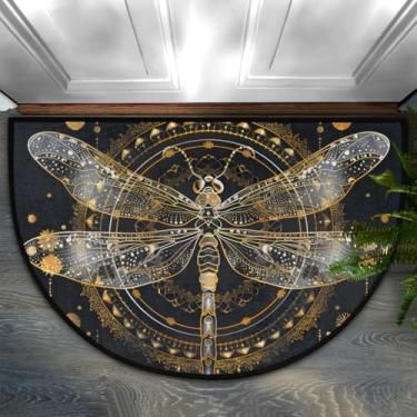 Imagem de Capacho para ambientes externos Boho mandala libélula meio redondo, tapete de entrada antiderrapante absorvente, tapete de decoração de varanda de baixo perfil, tapete de entrada de baixo perfil